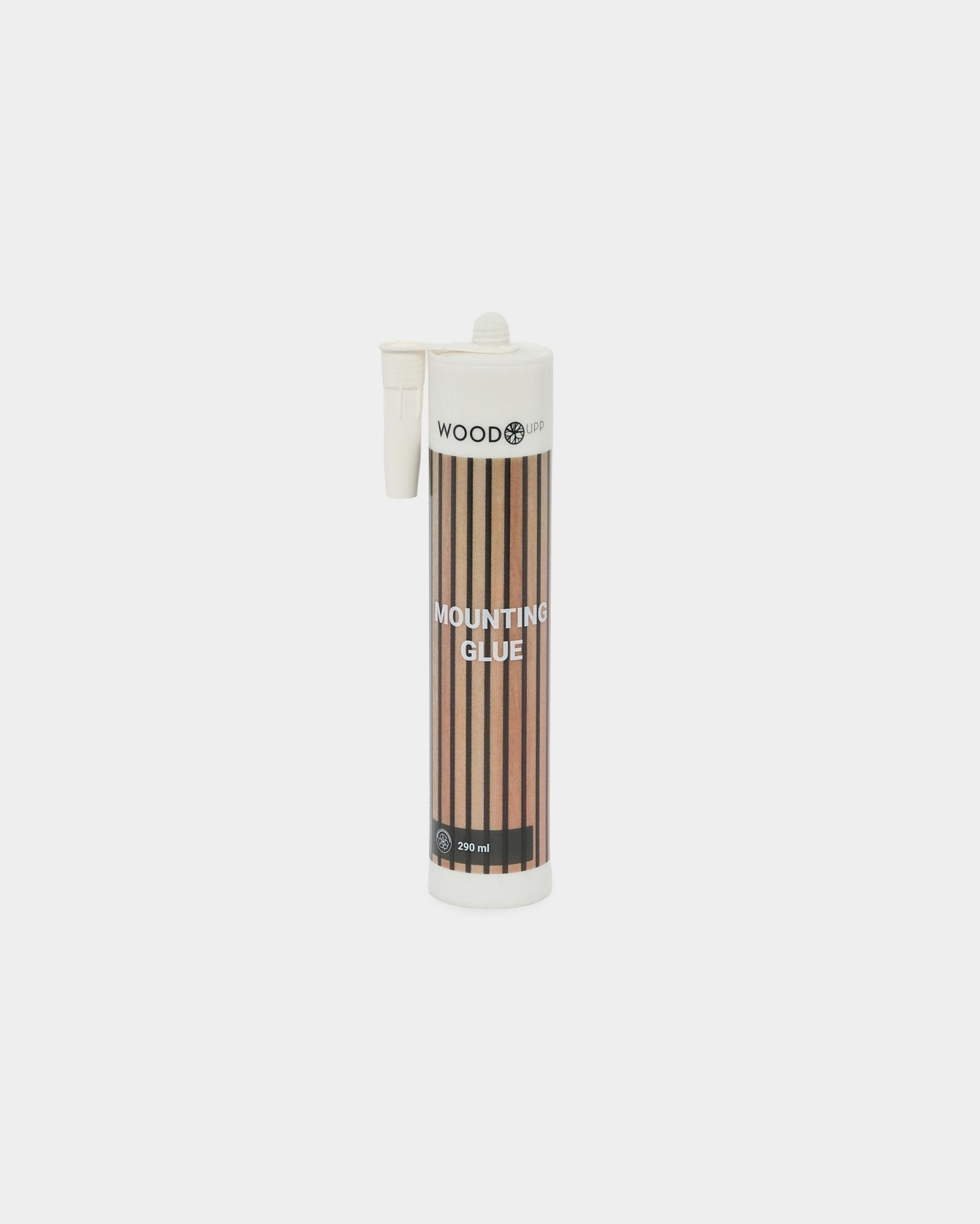 Tube de 290 ml de colle de montage WoodUpp avec une étiquette rayée brown et une buse applicatrice, conçue pour une installation sûre des panneaux acoustiques Akupanel.
