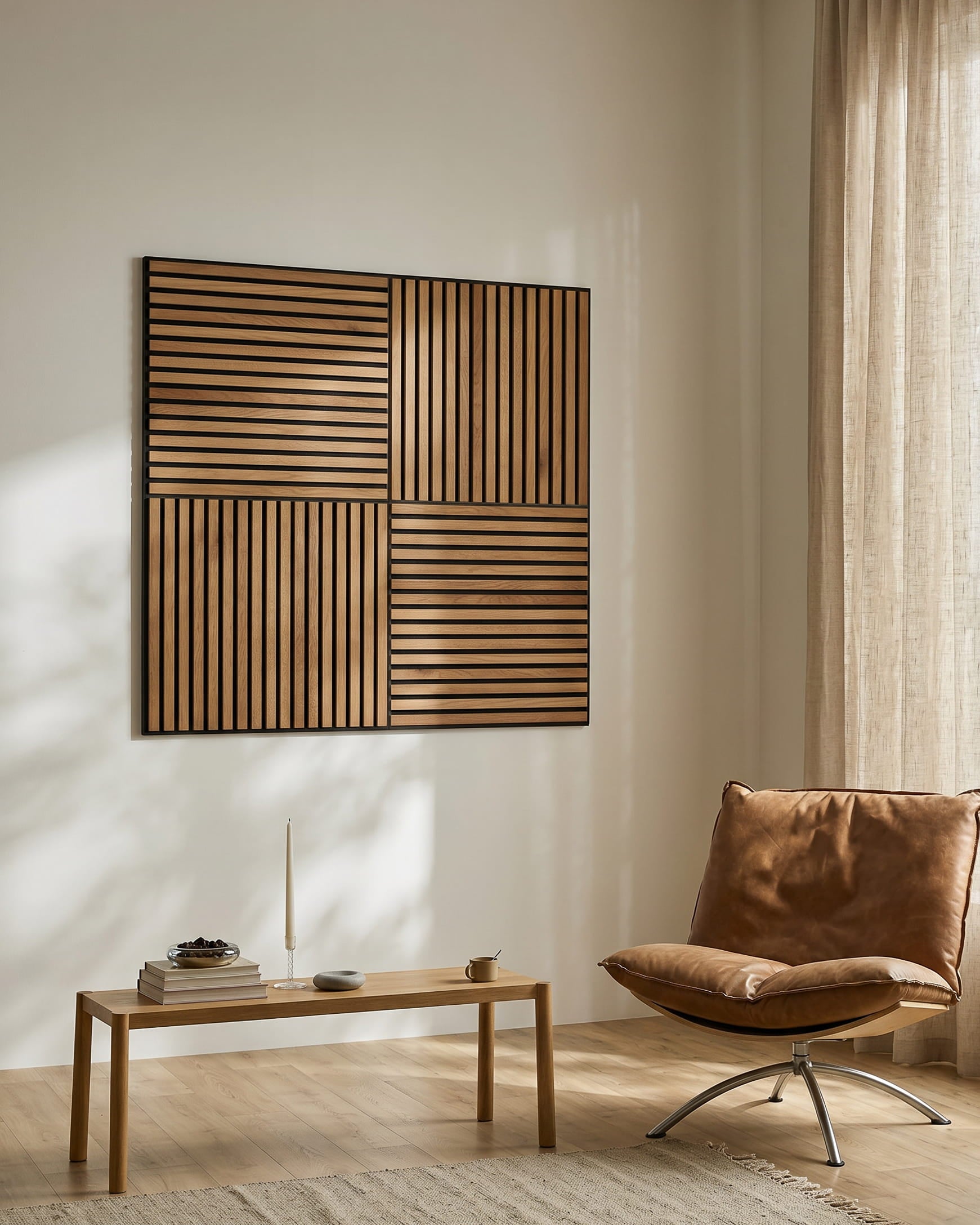 Salon minimaliste avec un fauteuil lounge brown, une table basse en bois et le WoodUpp Akupixel Rustic Brown Oak Panneau acoustique au mur, baigné de lumière naturelle.