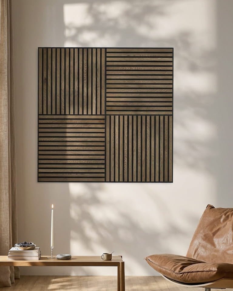 Pièce minimaliste avec un fauteuil en cuir, une bougie et WoodUpp Akupixel Panneau acoustique en grey oak rustique, projetant des ombres géométriques sur le mur.