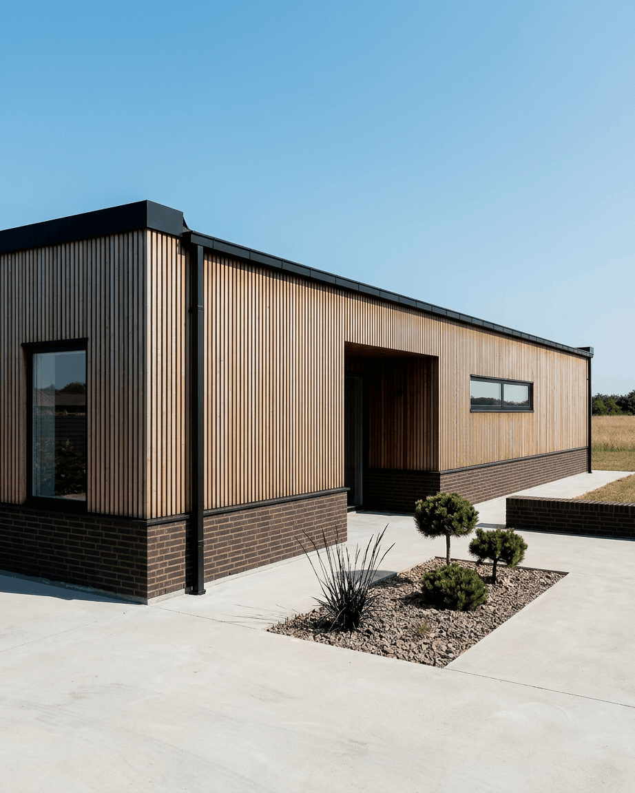 Maison de plain-pied avec des panneaux de façade WoodUpp Aluwood en Thermowood brown, une base en brique foncée, des fenêtres large et un aménagement paysager minimaliste.