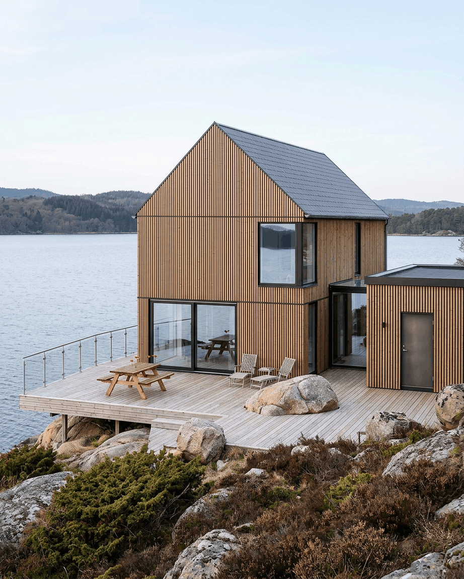 Maison moderne avec des panneaux de façade WoodUpp Aluwood en Thermowood Brown, avec une finition en pin nordique sur une terrasse en bord de lac rocheux, entourée de nature.