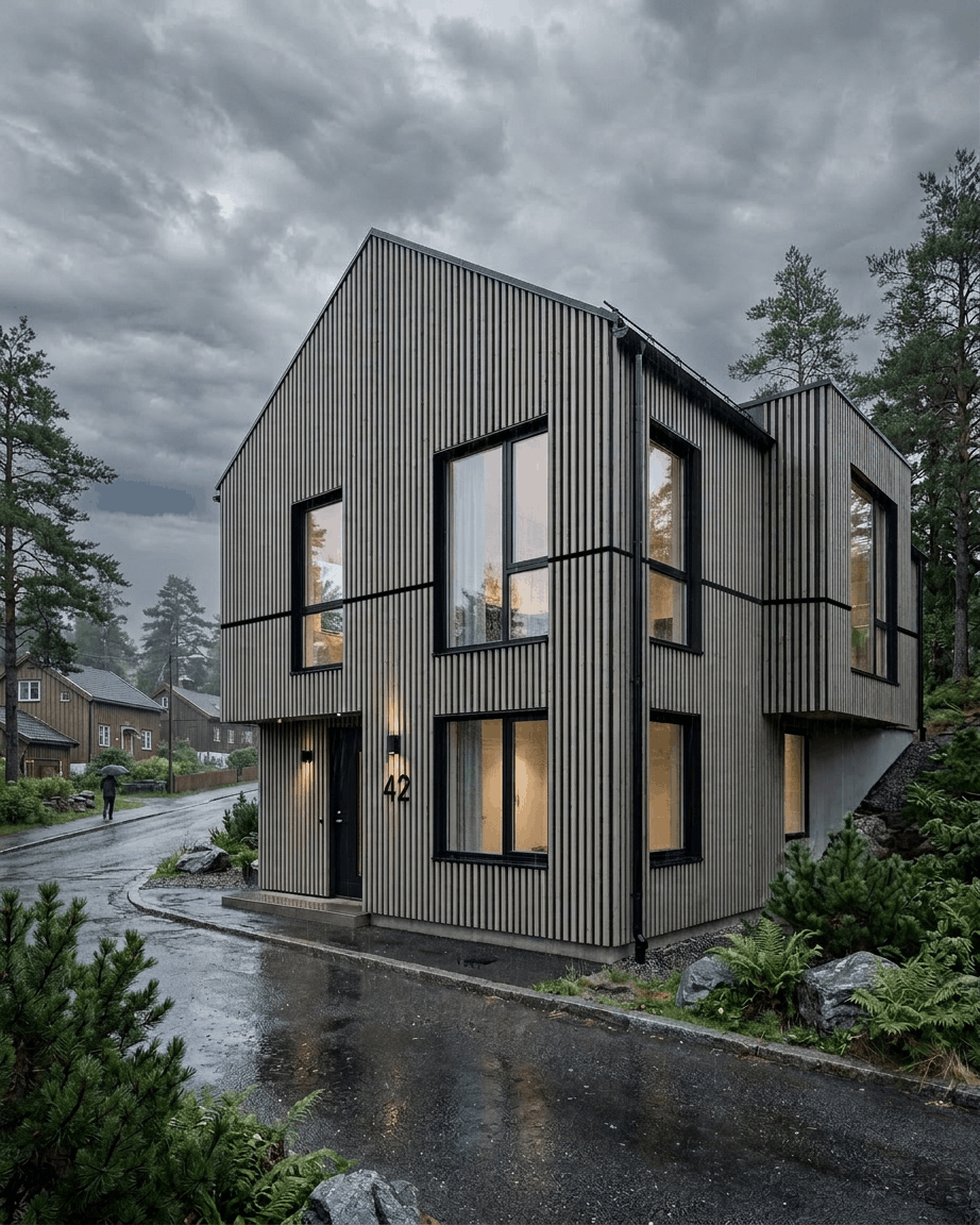 Maison moderne à deux étages avec fenêtres large, dotée de panneaux de façade WoodUpp Aluwood Thermowood Grey, par temps de pluie, entourée d’arbres et de verdure.