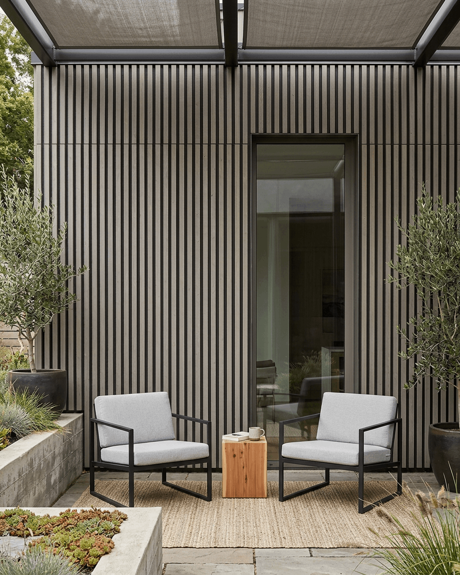 Deux fauteuils gris et une table sur une terrasse entourée de plantes luxuriantes, avec en fond des panneaux de façade WoodUpp Aluwood Outdoor Thermowood en grey.