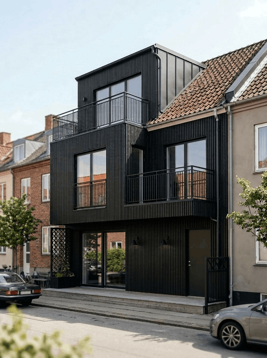 Black townhouse featuring WoodUpp Aluwood thermowood facade panels and large windows, situated among traditional houses on a quiet street with parked cars.