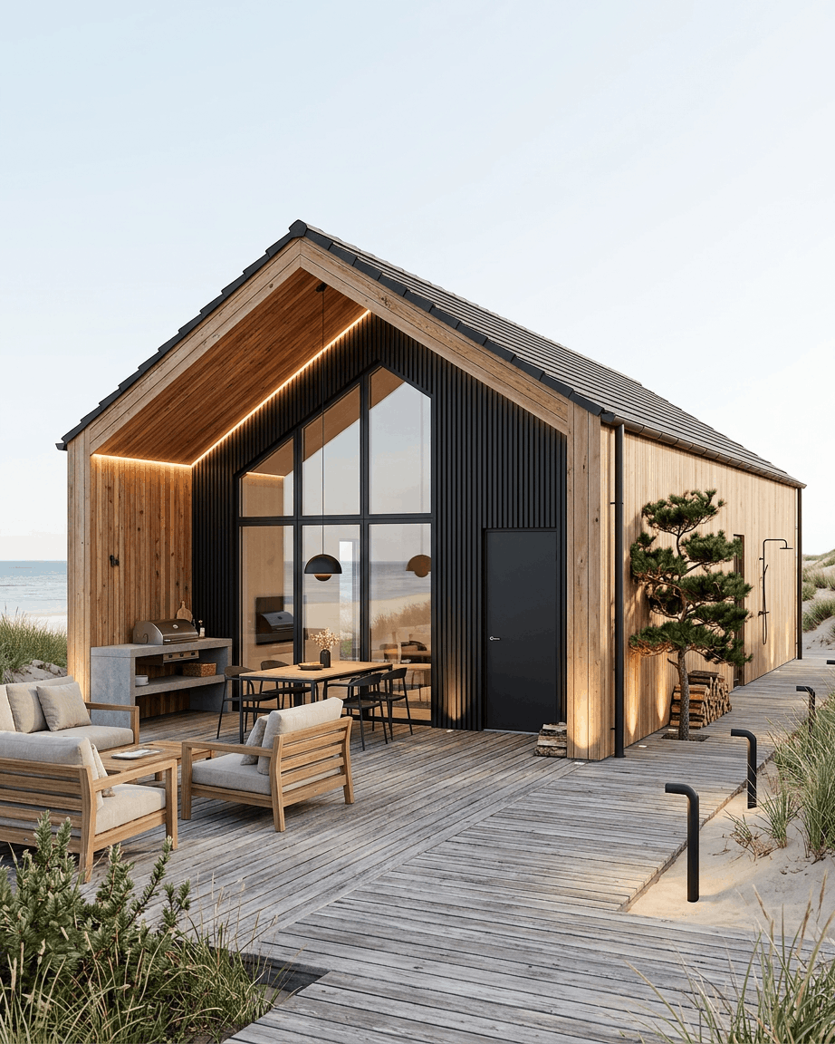 Maison de plage moderne avec de grandes baies vitrées large, un coin salon extérieur et des panneaux de façade WoodUpp Aluwood black, entourée de dunes de sable et d’oyats.