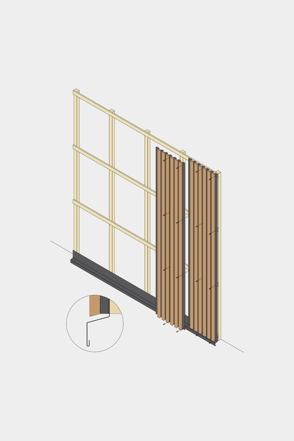 Dessin isométrique de l’installation d’un panneau de façade WoodUpp Aluwood, section inférieure de 240 cm, montrant les lattes en bois, la finition black et le détail de fixation des lattes.