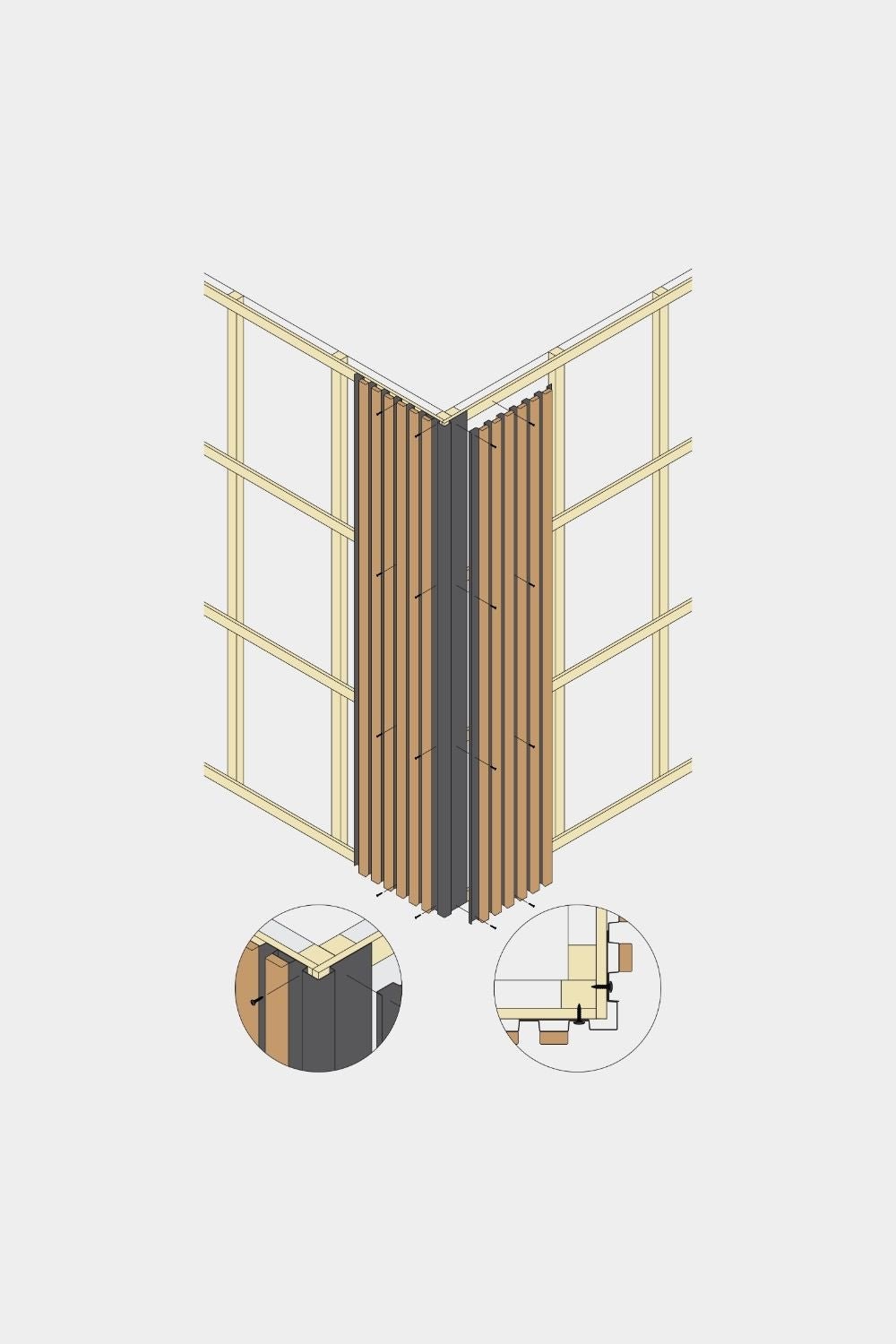 Dessin isométrique d’un panneau de façade WoodUpp Aluwood avec angle extérieur 240 cm, montrant des vues détaillées du cadre de support et du profilé d’angle en aluminium.
