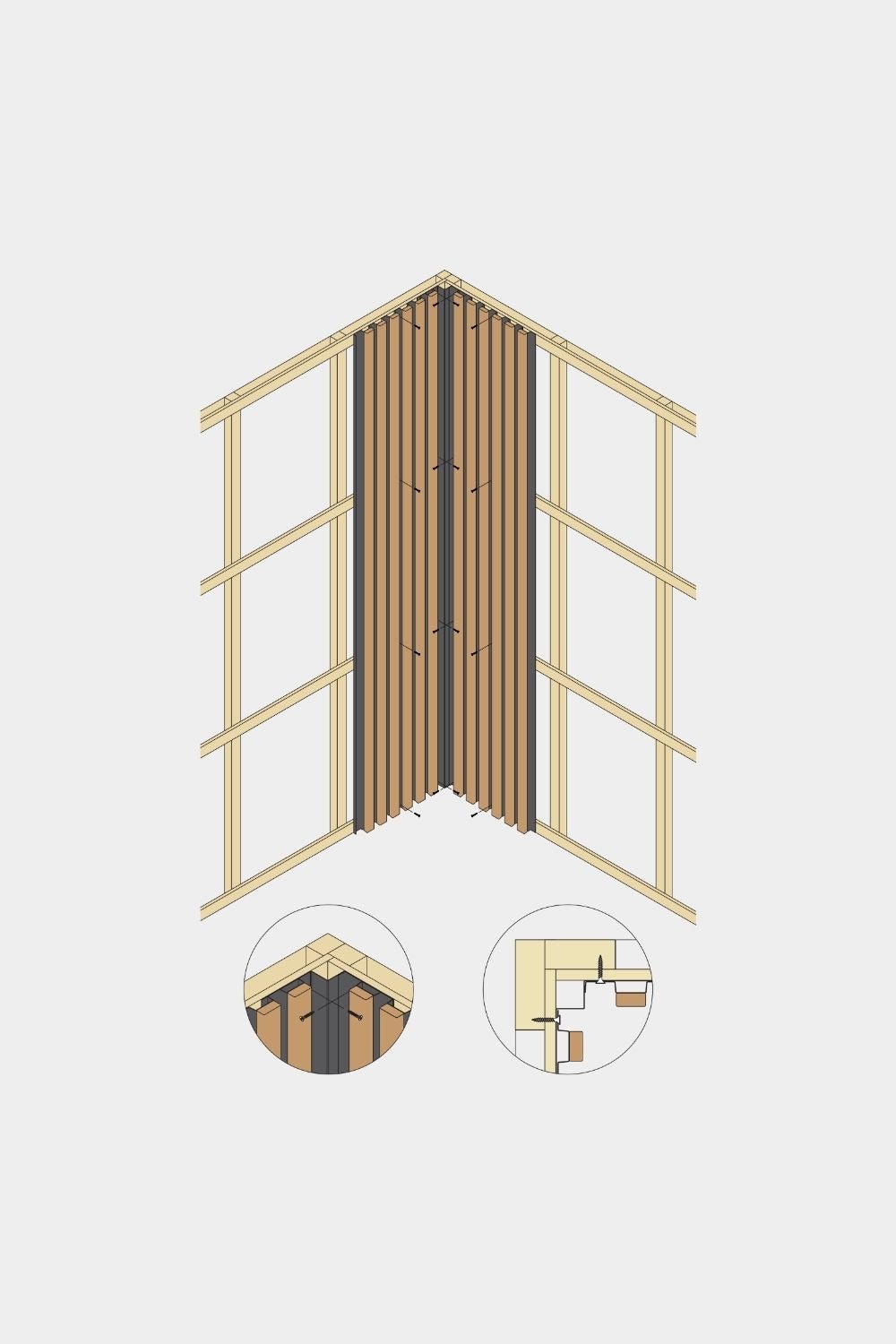 Schéma isométrique du panneau de façade WoodUpp Aluwood Inside Corner, 240 cm, montrant des lattes en bois avec profilé en aluminium dans deux vues rapprochées détaillées.