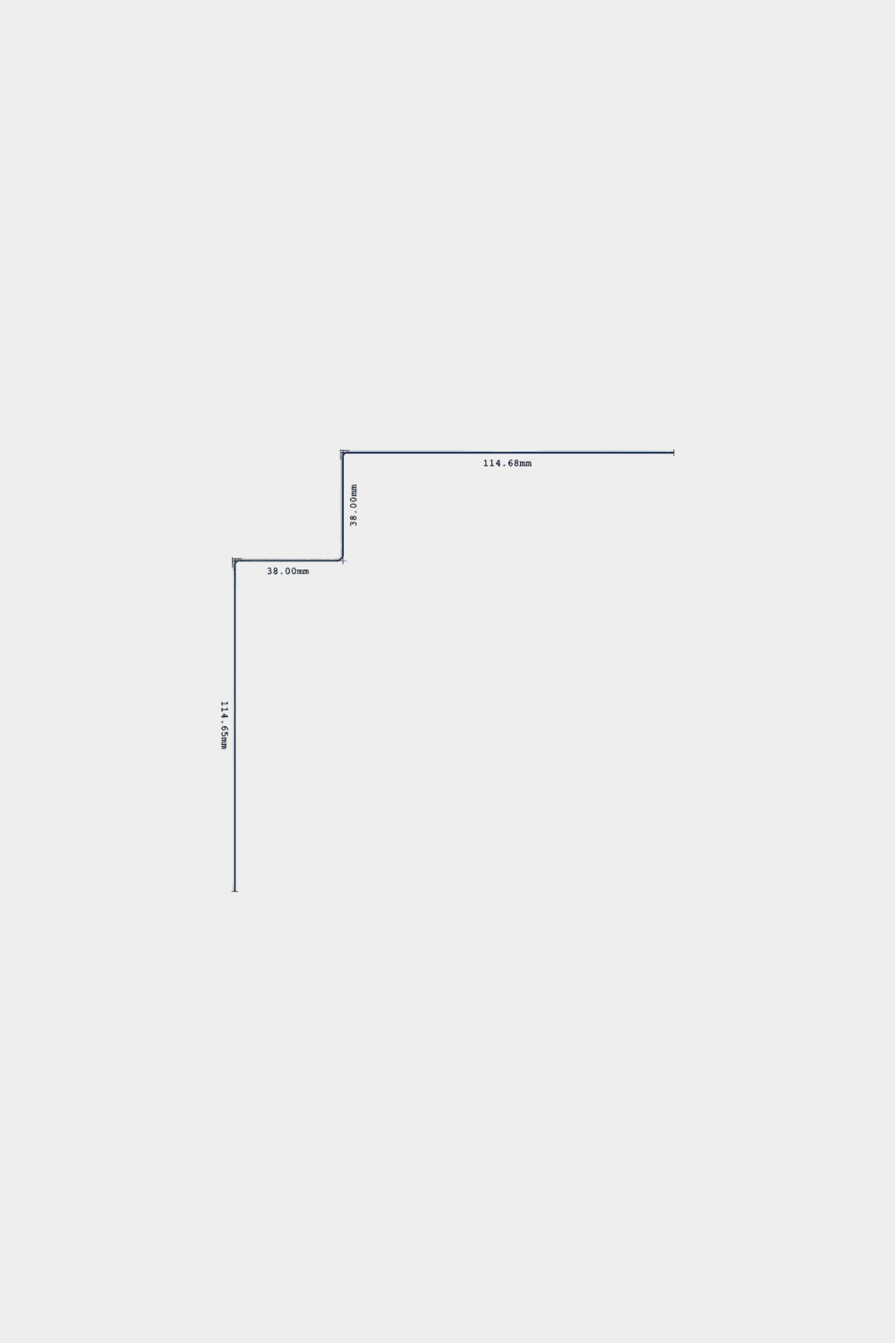 Dessin au trait du produit d’installation WoodUpp Aluwood Inside Corner, 240 cm, pour panneaux de façade ; dimensions 114,45 mm, 74,44 mm, 28,96 mm sur fond blanc.