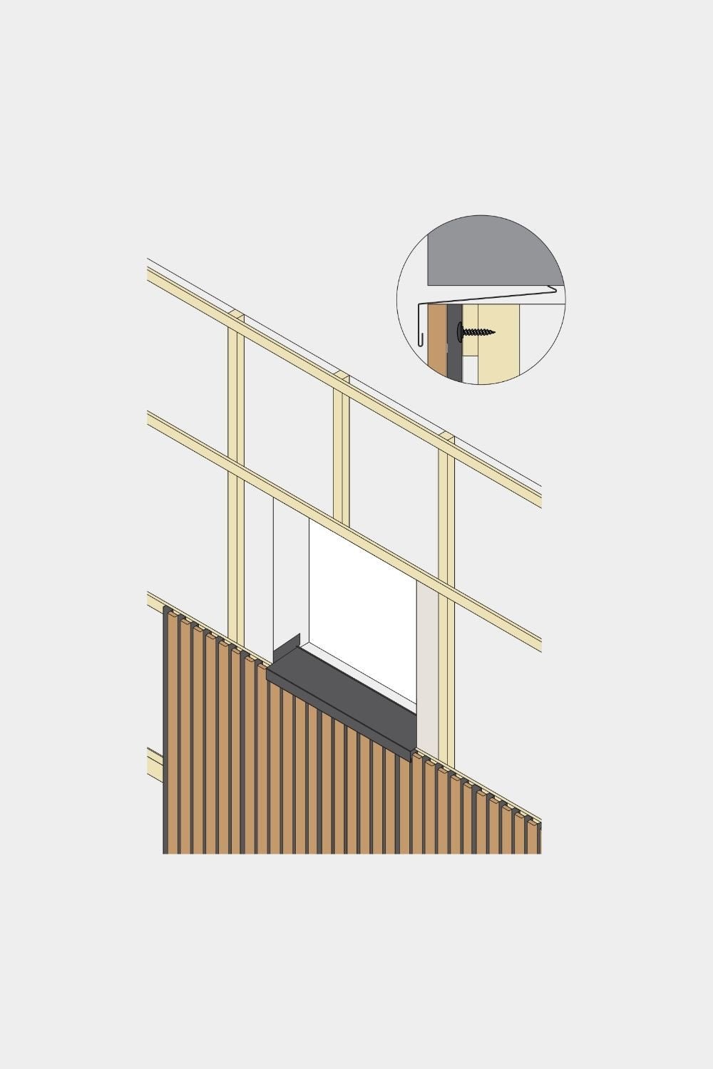 Schéma d’un appui de fenêtre pour panneau de façade WoodUpp Aluwood (240 cm), détaillant la prévention des infiltrations d’eau au niveau du profilé en aluminium avec fixation par vis.