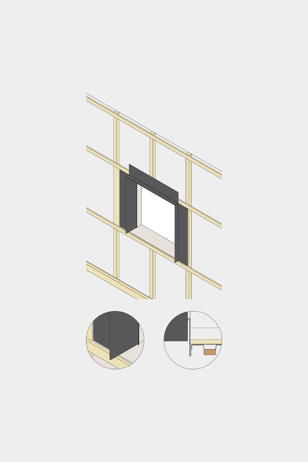 Dessin isométrique d’un mur avec ouverture de fenêtre, présentant la finition pour panneau de façade Aluwood (thermolaqué black) et des détails d’installation du profilé de rive en aluminium WoodUpp.
