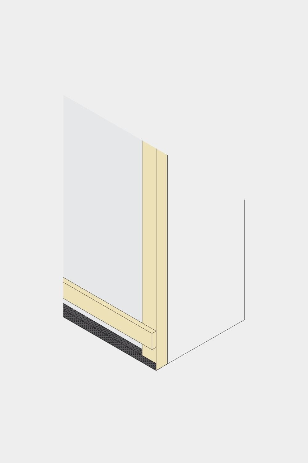 Schéma isométrique d’un angle de mur avec panneau de façade WoodUpp Aluwood et moustiquaire de 240 cm, montrant les montants, la plaque de base black et la lame d’air ventilée.