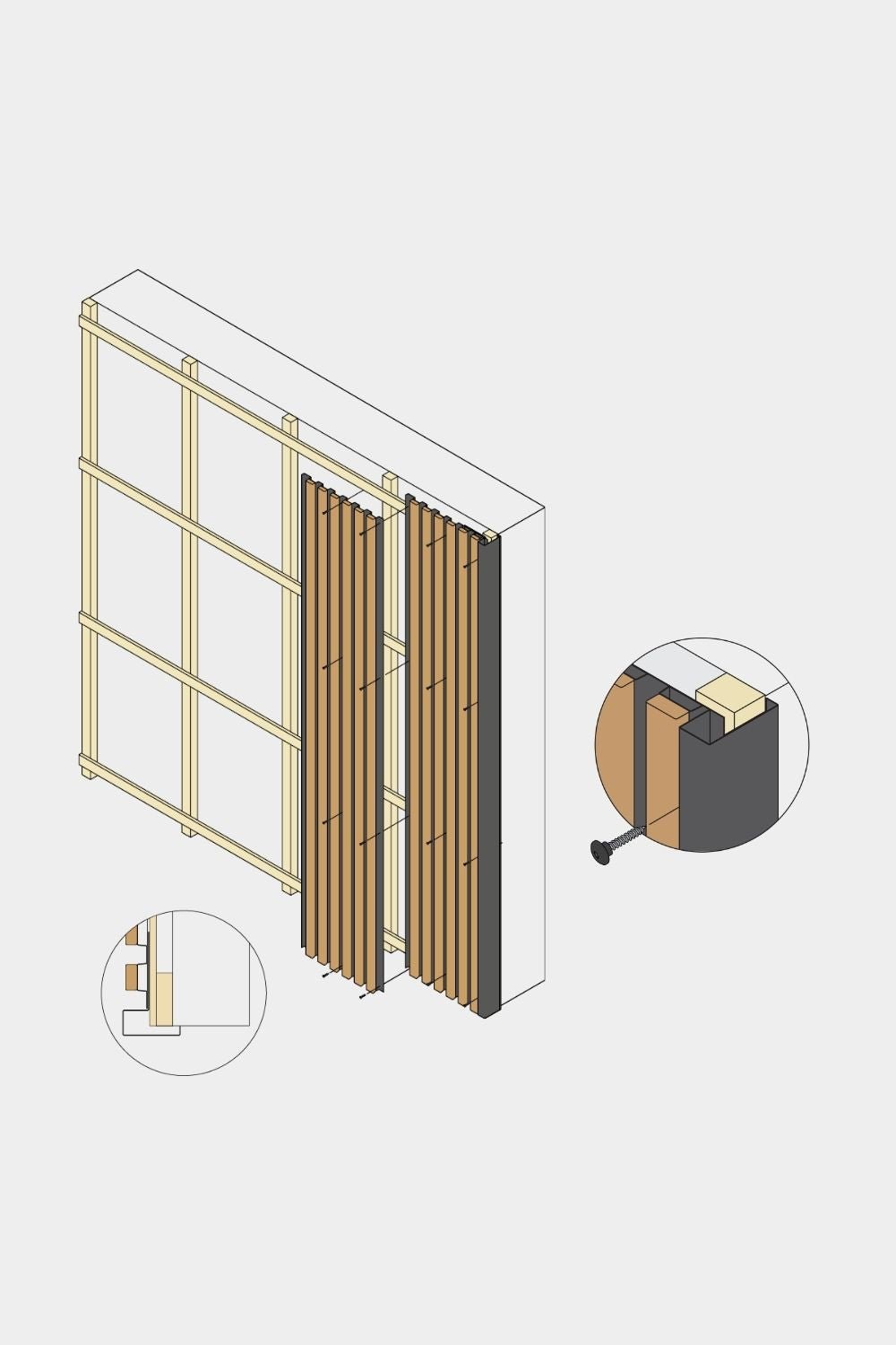 Schéma isométrique du coin de finition du panneau de façade WoodUpp Aluwood, 240 cm, avec des lattes en bois vertical, une finition thermolaquée et un profilé d’extrémité en aluminium.
