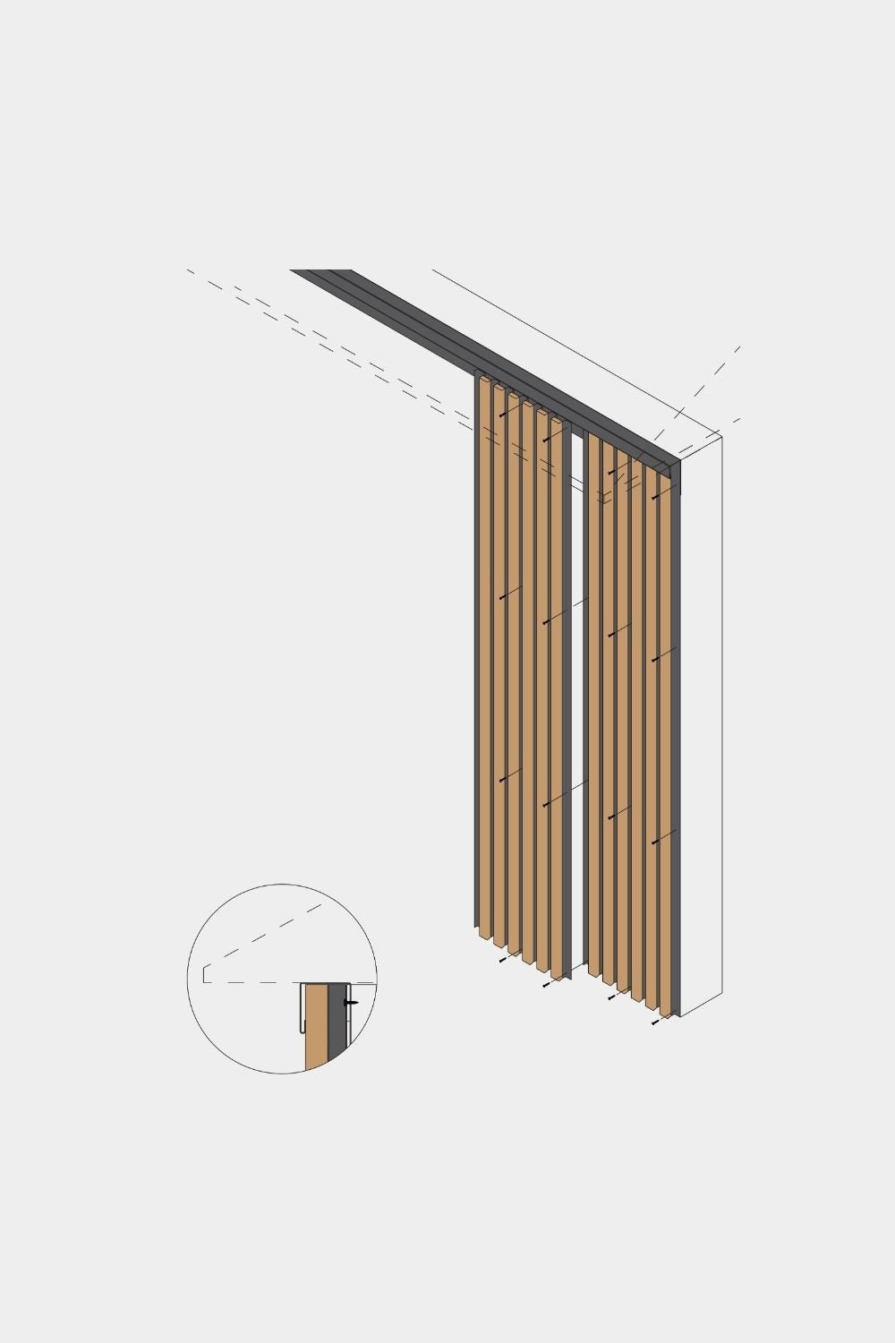 Vue isométrique des panneaux de façade Aluwood pleine hauteur par WoodUpp (240 cm), avec un encart montrant le détail de l’installation au plafond et la finition sur la face supérieure.