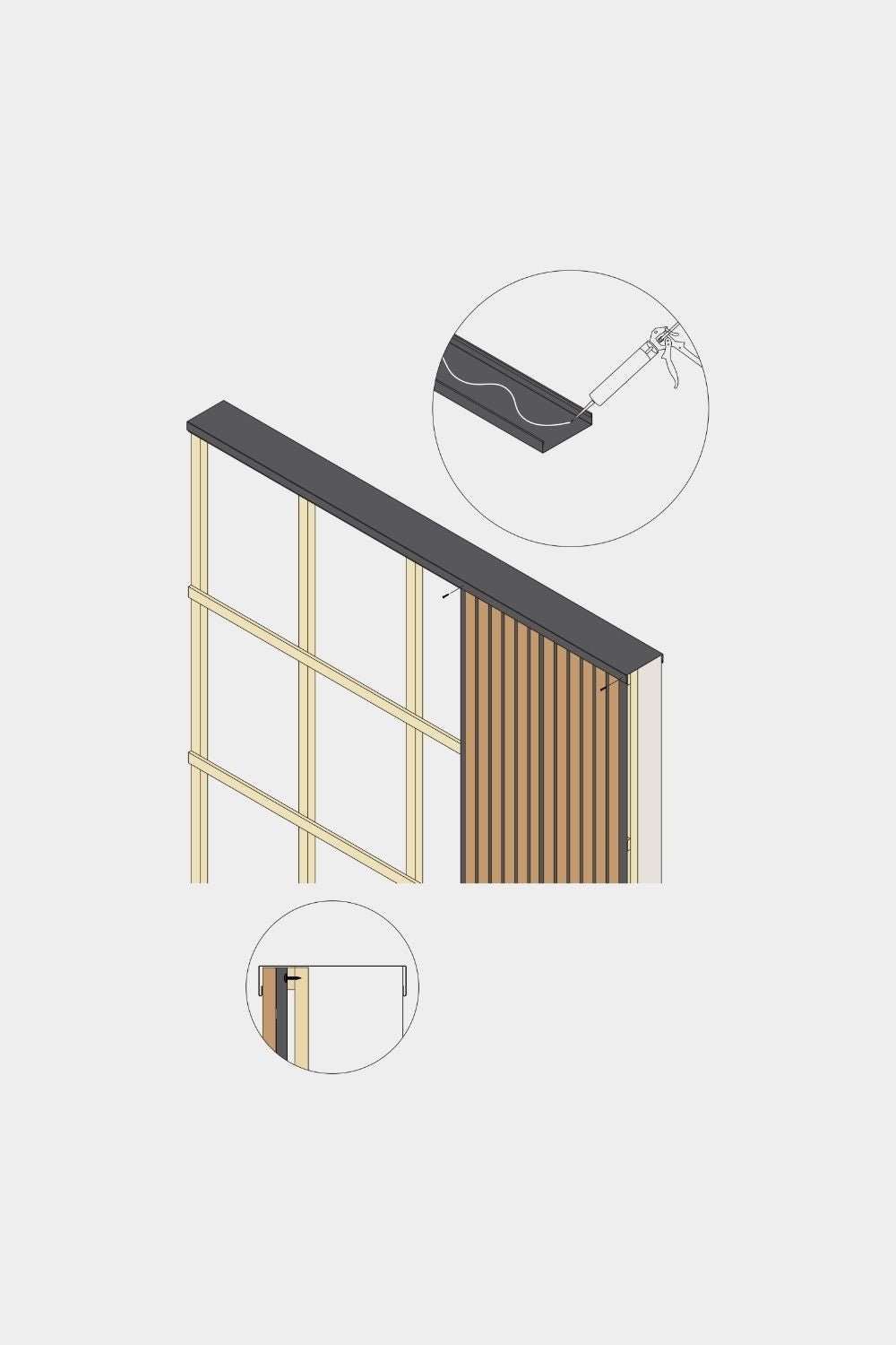 Dessin isométrique du couvre-mur pour panneau de façade WoodUpp Aluwood, 240 cm x 25 cm, avec lames en bois, profilé en aluminium et deux encarts détaillés en gros plan.