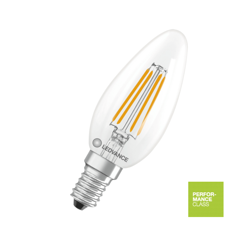 Ampoule LED bougie WoodUpp E14, 3,4 W, 470 lm ; verre transparent avec filaments visibles, culot à vis argenté et étiquette verte de classe de performance.