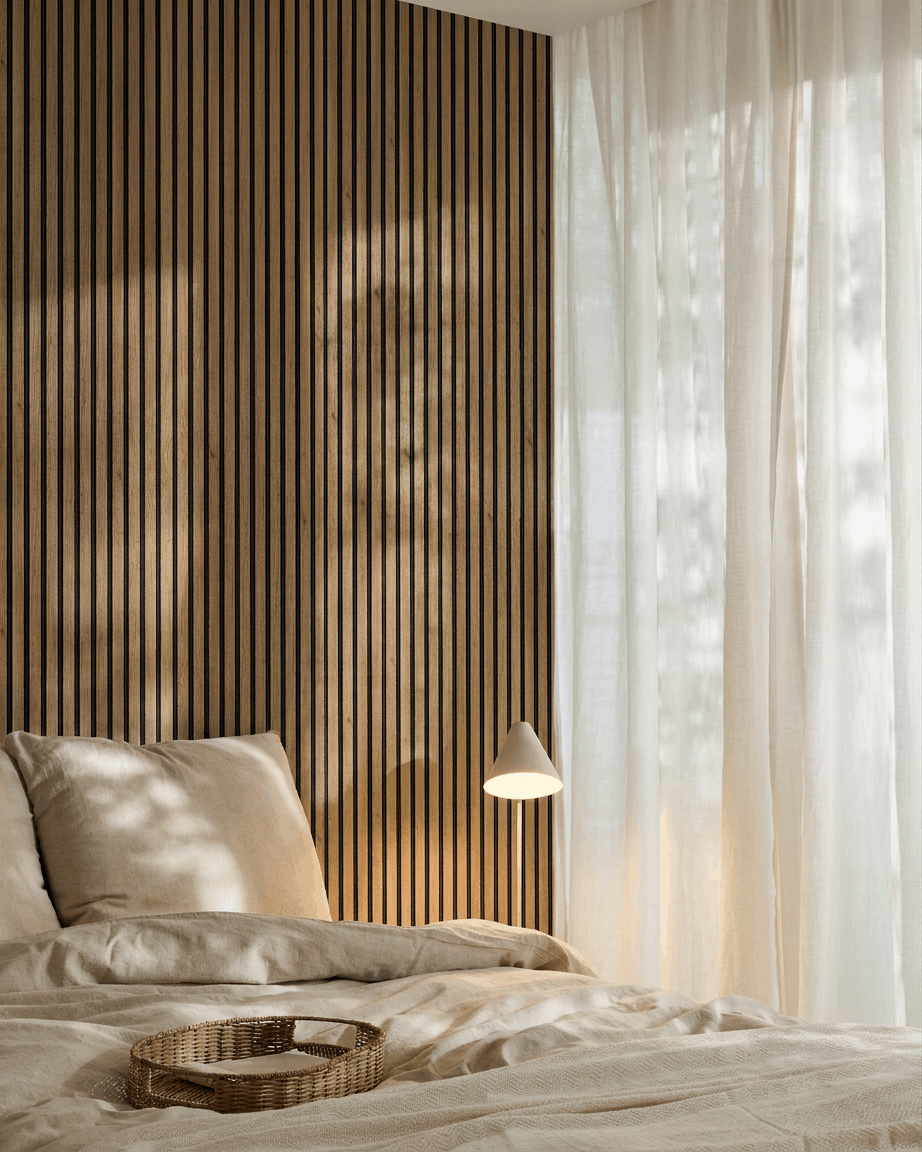 Chambre minimaliste avec un mur d’accent en panneau acoustique à lattes WoodUpp Akupanel (chêne anglais, feutre Black), du linge de lit beige, un plateau tressé, une applique murale et des rideaux transparents.