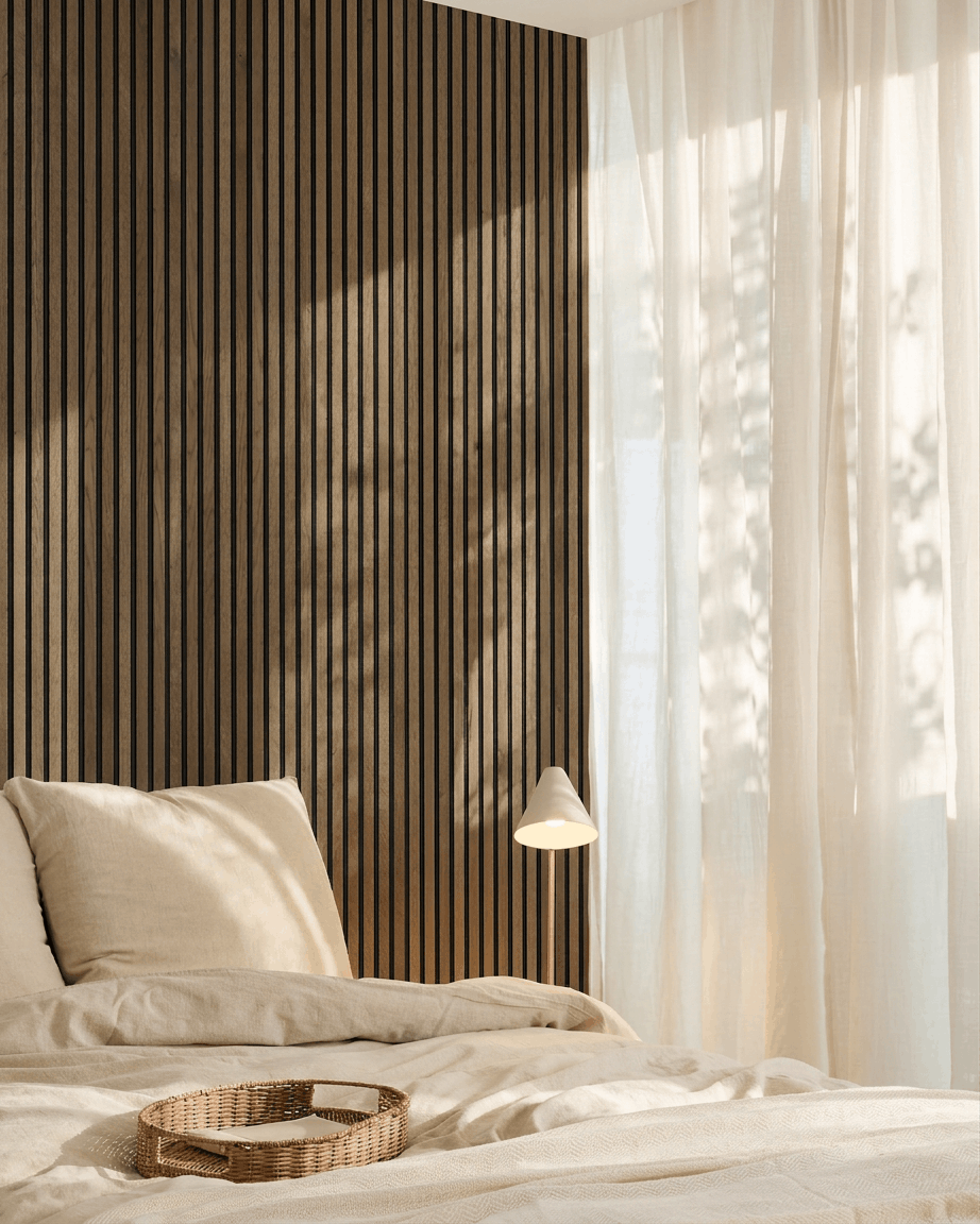Chambre scandinave minimaliste avec un mur d’accent WoodUpp Akupanel Natural Wood Panneau acoustique, du linge de lit beige, un plateau en osier et des rideaux vaporeux.