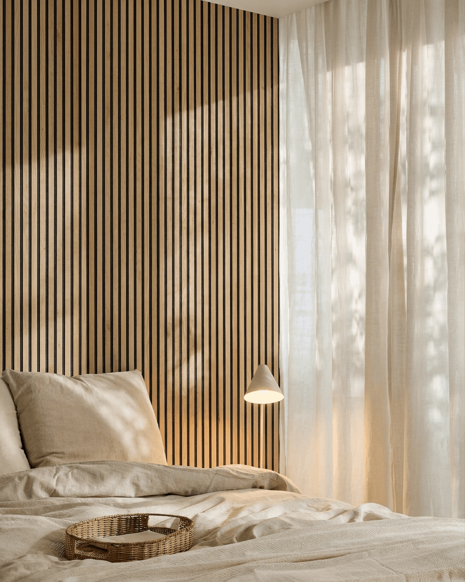 Chambre scandinave minimaliste avec linge de lit beige, panneau acoustique à lattes WoodUpp Akupanel Natural Oak, plateau en osier sur le lit et voilages laissant filtrer la lumière.