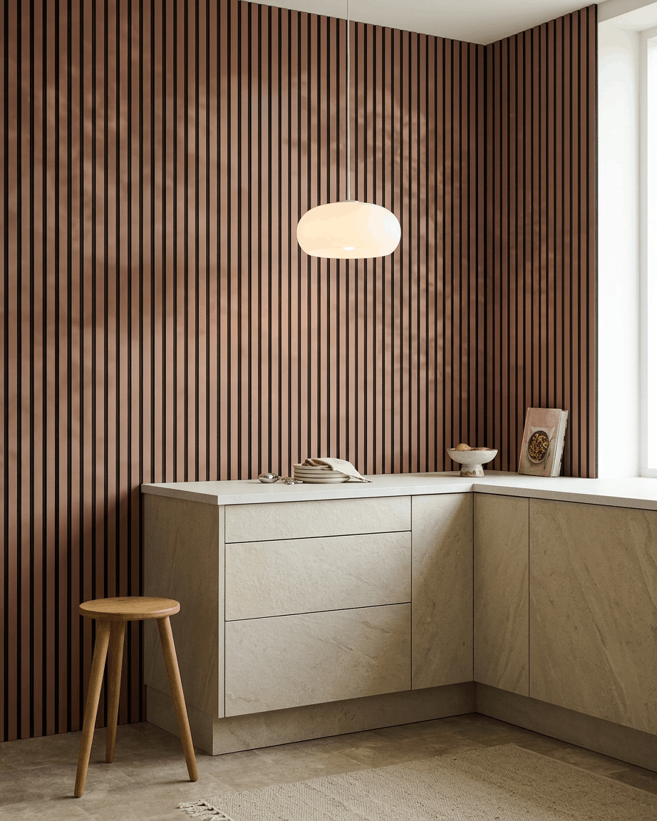 Cuisine avec placards beige, tabouret en bois et Akupanel WoodUpp Panneau acoustique en feutre Black Clay sur le mur. Suspension ronde au-dessus du comptoir.