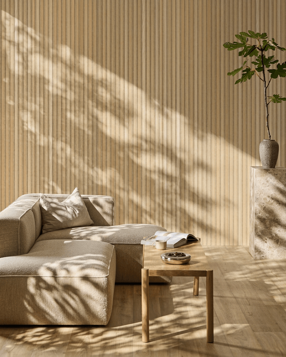 Salon minimaliste avec un WoodUpp Akupanel Panneau acoustique en Classic Oak avec Beige Felt, offrant un style scandinave et un confort acoustique.