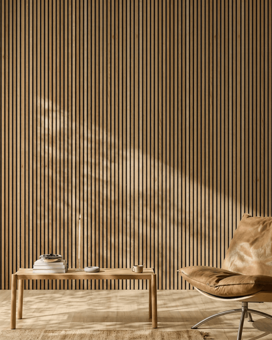Pièce minimaliste avec un fauteuil en cuir fauve, une table basse en bois et un panneau acoustique à lattes en bois WoodUpp Akupanel en finition chêne Rustic Brown, baigné de lumière naturelle.